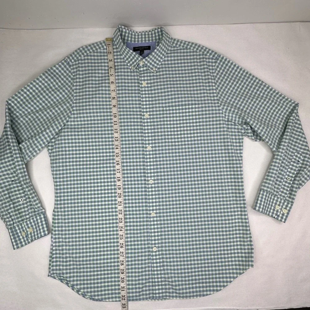 Banana Republic Mens XL Slim Fit Gingham Button Down Shirt‎ Green White Cotton